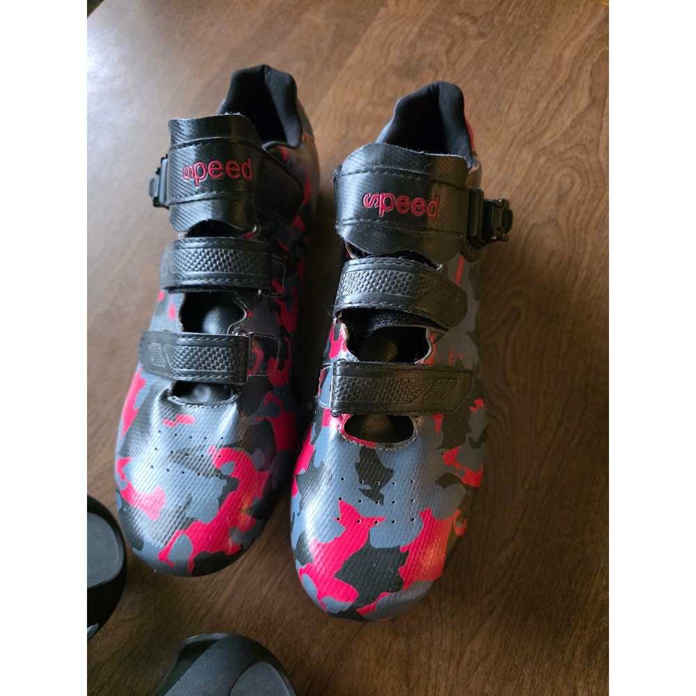 Speed Cycling Shoes Pink Grey Camo Road Bike Spin Shoes with Toe Cages Size 47 - Picture 2 of 9